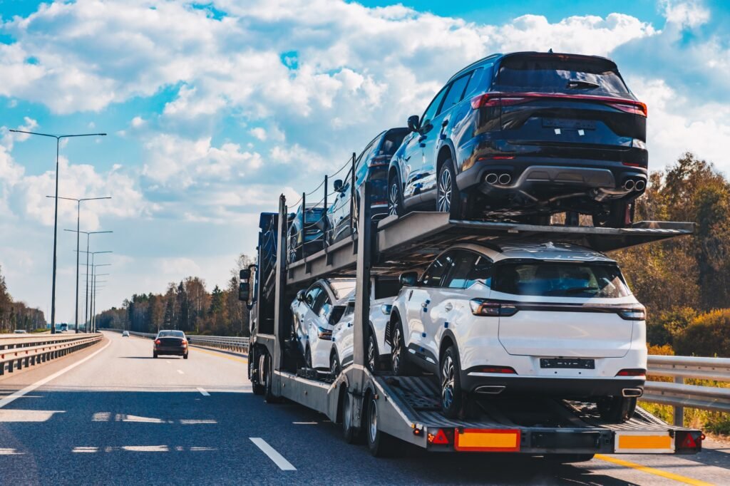 Car transport truck driving on highway road. Car Carrier Trailer on asphalt road